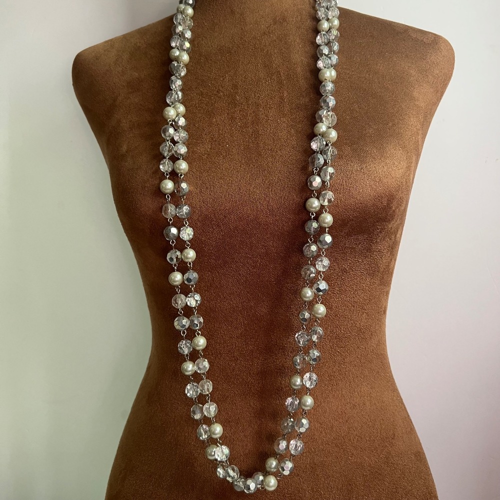 Long 84 Inch Faux Pearl and Faceted Glass Bead Layering Rope Necklace Coquette